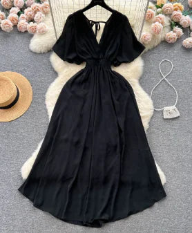 Beach Vacation Maxi Dress with Elastic Waist (One Piece)