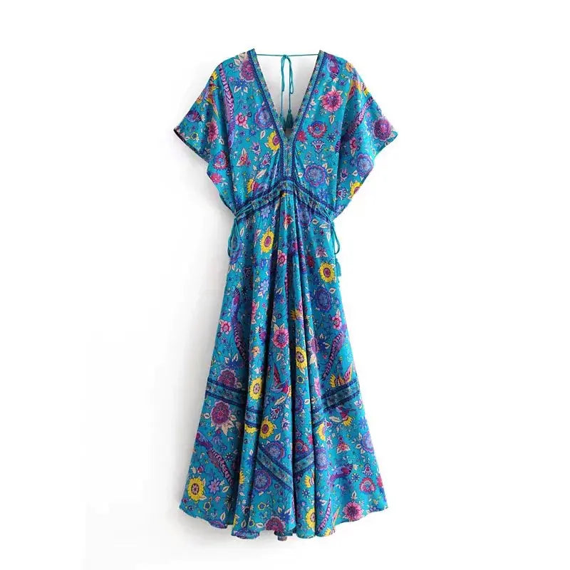 Summer Vacation Beach Maxi Dress with V-Neck Tie