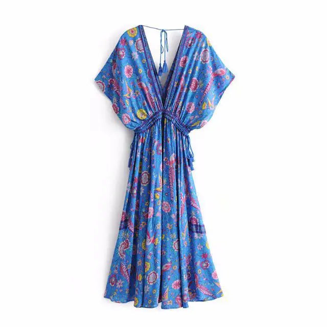 Summer Vacation Beach Maxi Dress with V-Neck Tie