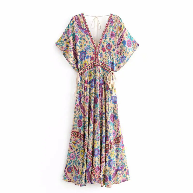 Summer Vacation Beach Maxi Dress with V-Neck Tie
