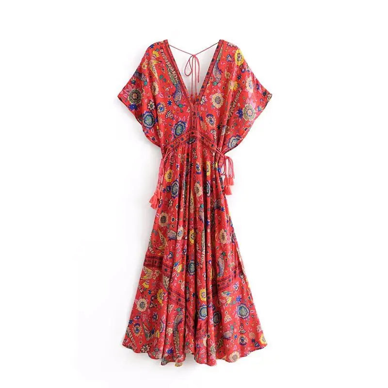 Summer Vacation Beach Maxi Dress with V-Neck Tie