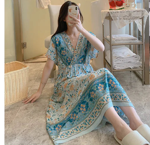 Summer Vacation Beach Maxi Dress with V-Neck Tie